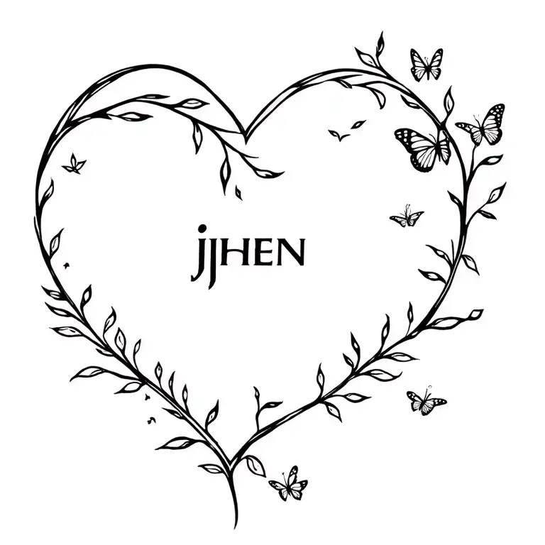 Heart With Vines And Small Leaves And Butterflies Flying With Name Jhen