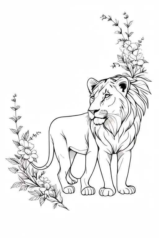 Lioness And Cub And Delicate Flowers