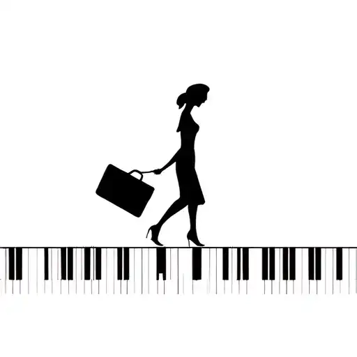 Outline Woman Silhouette Holding Suitcase Walking Horizontally On Piano Keys
