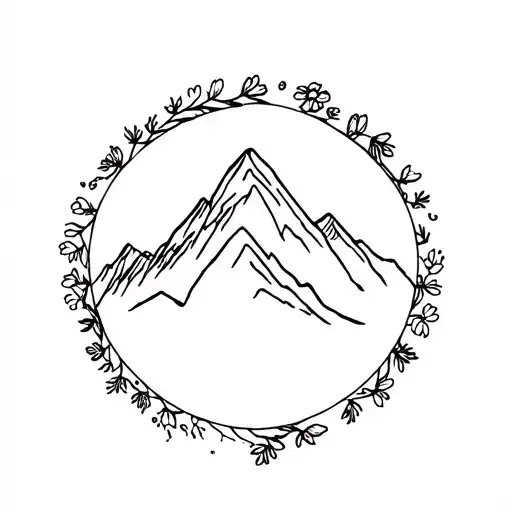 Fine Line Mountain Tattoo With Flowers On A Short Stem Under