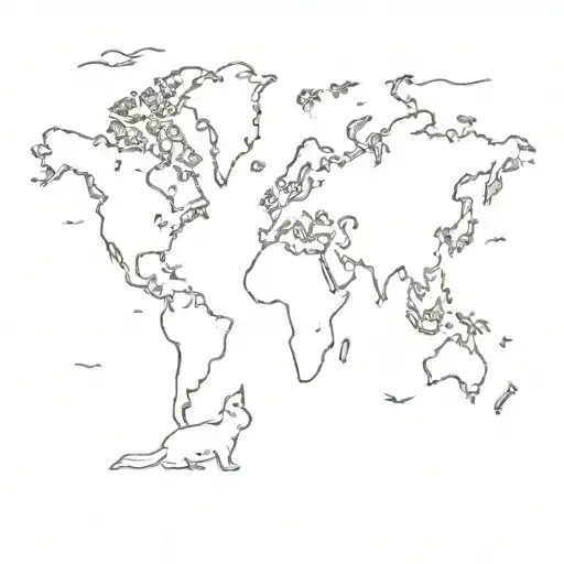 A Minimalist Outline Of A World Map With A Small Cat Silhouette In Each Country