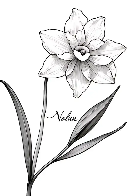 Narcissus Flower With Nolan Name Cursive Writing Attached End Of Stem Fine Line