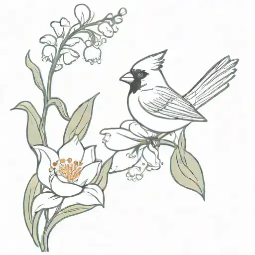 Cardinal In Flight Over Lily Of The Valley Flower