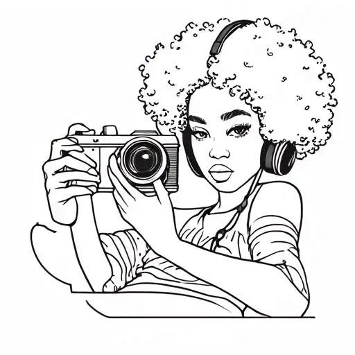 Black Woman With Curly Afro With Headphones Holding A Camera