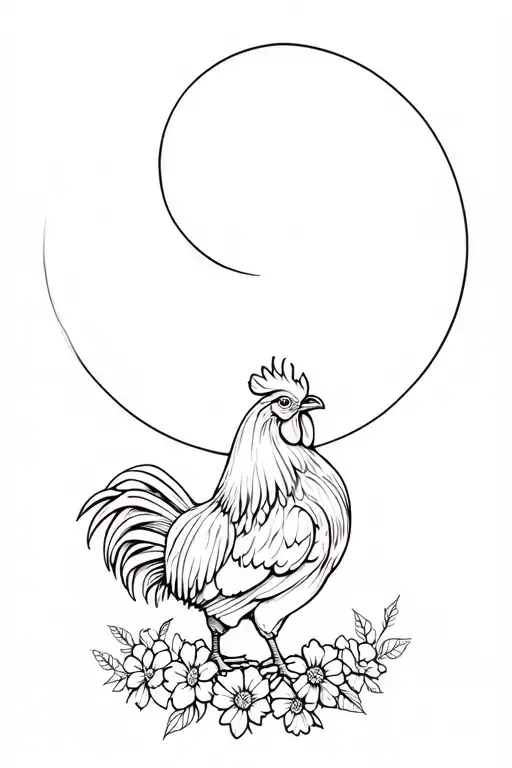 Rooster Standing On Flowers With A Crescent Moon
