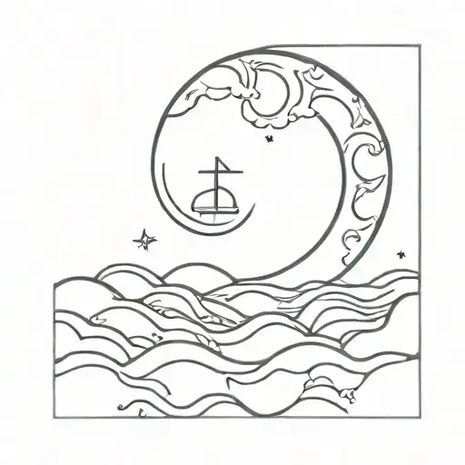 Moon And Waves With B Word For Seamen Tatto