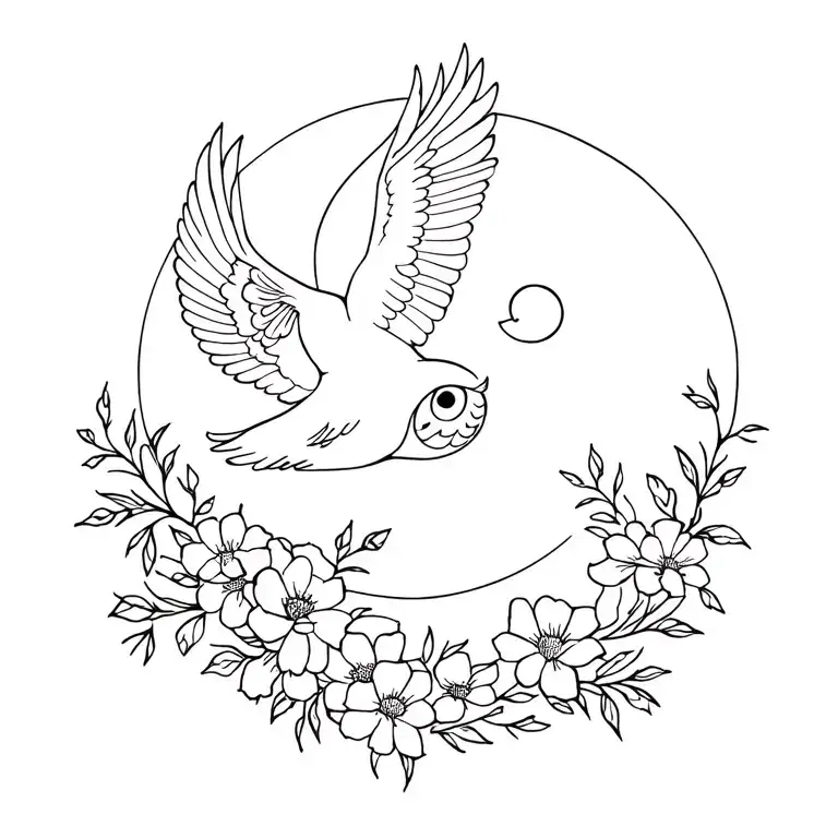 Owl Flying And Flowers And Moons