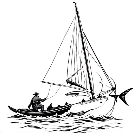 Overhead View Of An Old Fisherman On A Small Sailboat At Sea Dragging A Swordfish Behind Him