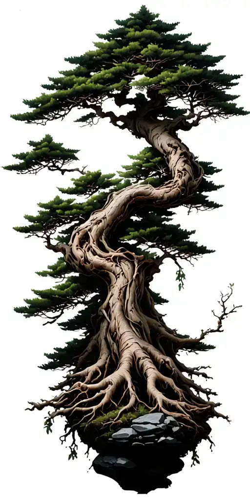 Tall Deciduous Bonsai Tree Many Branches And Twigs Rough Bark Roots Gripping Rocks
