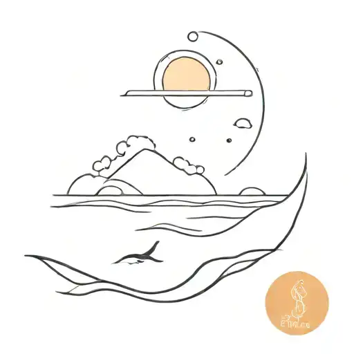 A Minimalist Tattoo Of A Beach Scene With A Sunset And A Wave In The Background