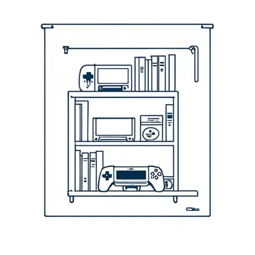 A Minimalist Tattoo Of A Bookshelf Filled With Gaming Consoles And Tech Gadgets