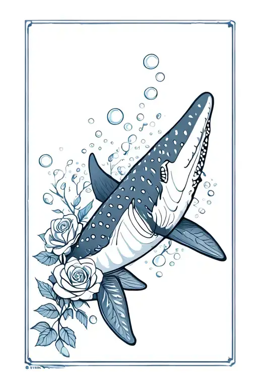 Whale Shark Surrounded With Bubbles And Roses Mixed In With Vines