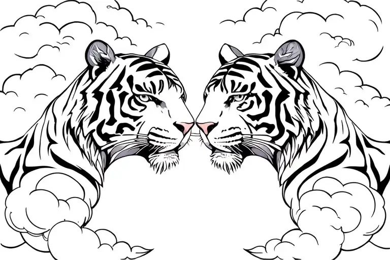 The Bodies Of Two Tigers Facing Eachother With Clouds Surrounding