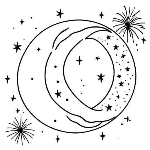 Outline Of Crescent Moon With Simple Design Inside With Stars And Fireworks Around Moon