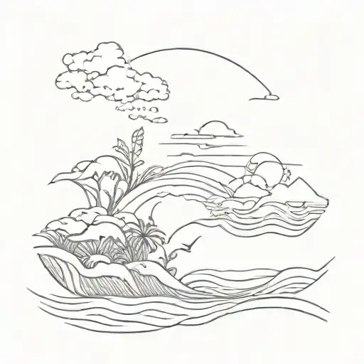 An Intricate Beach Scene With Various Animals Hidden Within The Waves And Sand