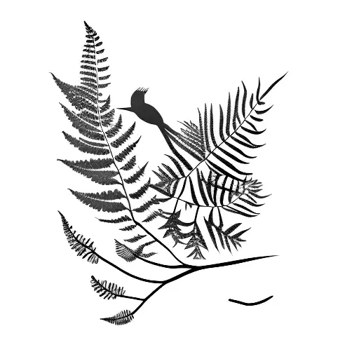 A Minimalist Tattoo Of A Bird In A Fern Bush