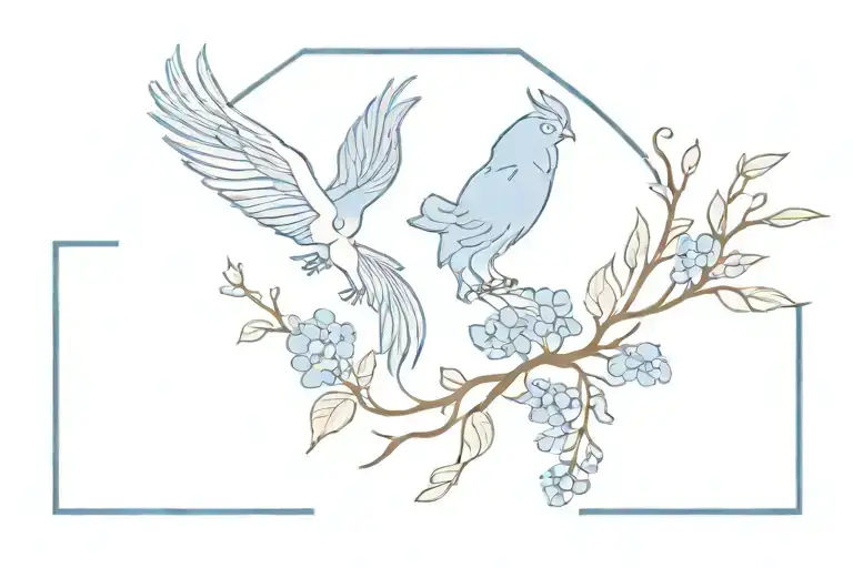 Blue Phoenix And Branch Of A Lilac Flower
