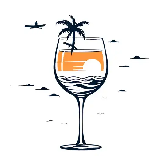 Wine Glass Aircraft Wave Palm Sunset