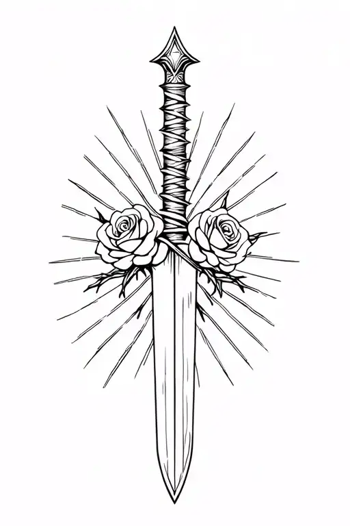 Sword With Barbed Roses Wrapped With Sun Glaring Background
