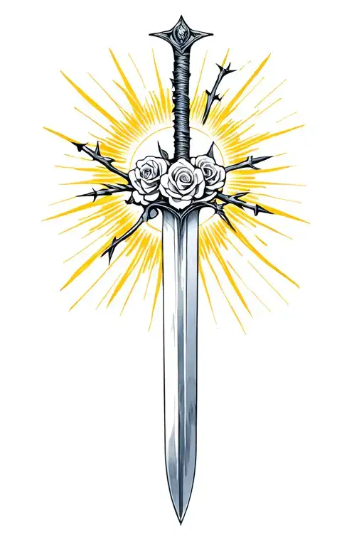Sword With Barbed Roses Wrapped With Sun Glaring Background