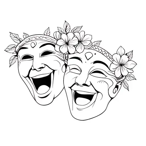 2 Carnaval Masks Comedy Laughing Surrounded By Flowers