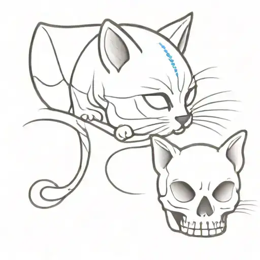 Kitten On The Skull Simple Paired Tattoos In Cartoon Style