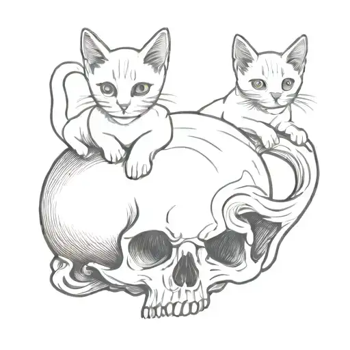 Kitten On The Skull Simple Paired Tattoos In Funny Style