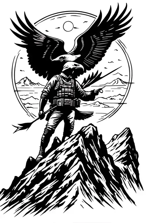 A Soldier Silhouette Standing On A Mountain Peak With An Eagle Flying Overhead And An Arrow In Hand