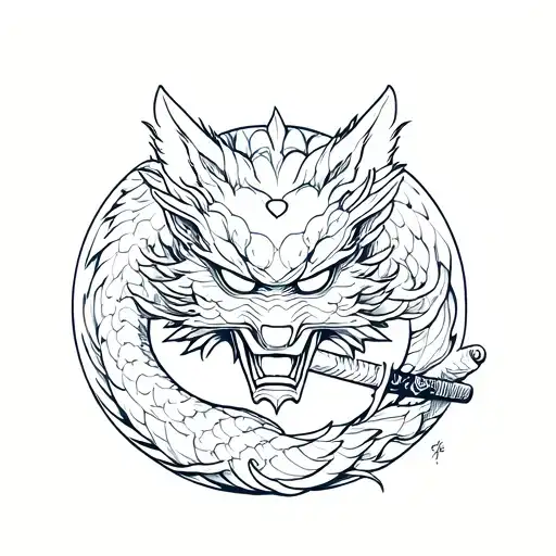Japanese Dragon With Fox Mask And Katana Surrounded