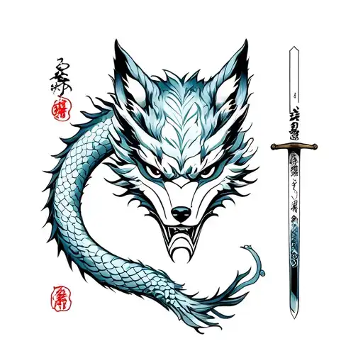 Japanese Dragon Surroundedwith Fox Mask And Katana Surrounded