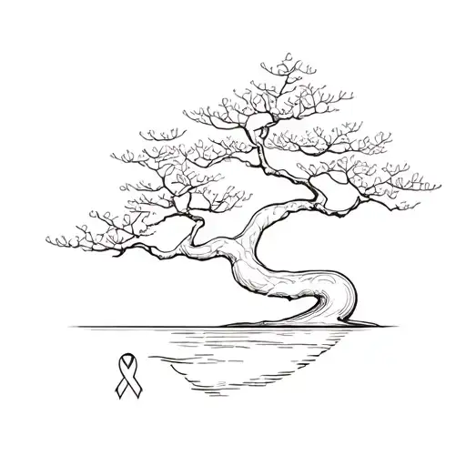 Bonsai Tree With Cancer Ribbon Next To It Simple Outline