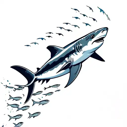 Aerial View Of A Shark Swimming Through A School Of Fish