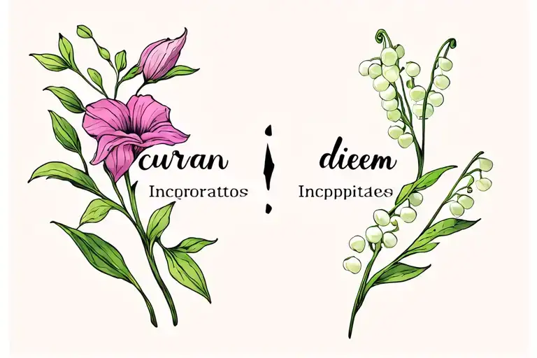 Sweet Pea Flower And Lily Of The Valley Split Tattoo With The Names Curran And Diem Incorporated