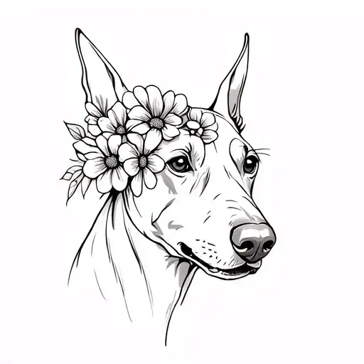 Doberman With Flowers Instead Of Eyelashes