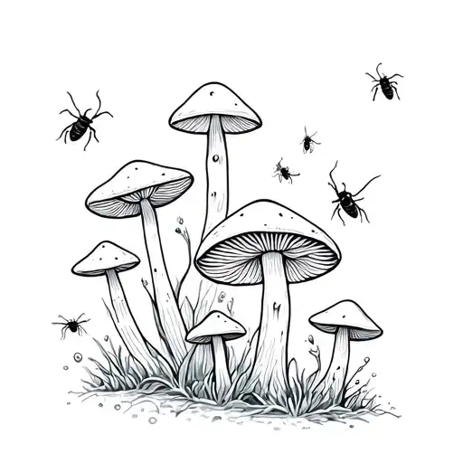 Bug And Mushrooms Around And Little Bugs