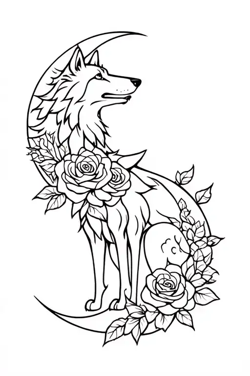 Wolf And Roses Intertwined And Moon