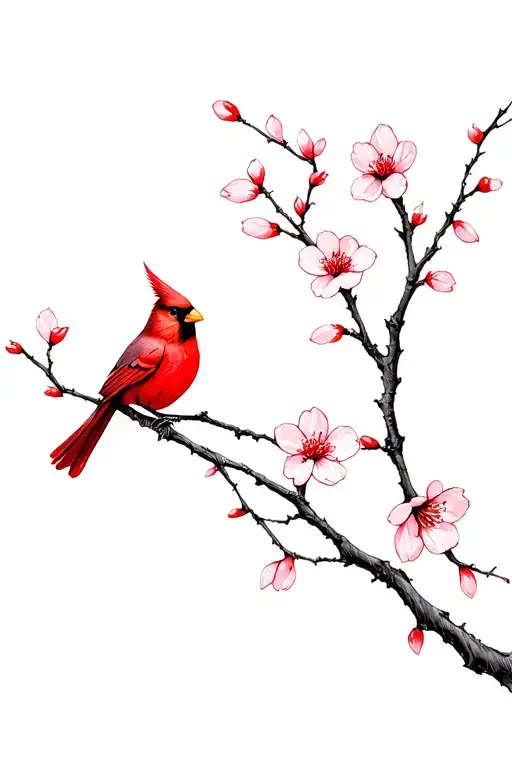 Cardinal And Cherry Blossom Branch In Color
