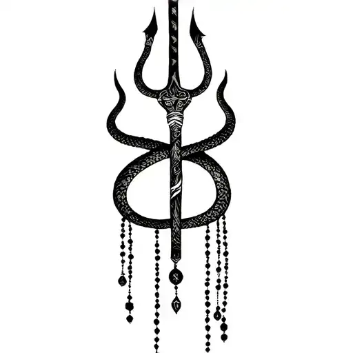 Shiva Trident With A Snake Wrapped Around And Beads Hanging From It