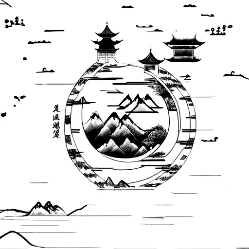 Chinese Ink Style Landscape Geometric