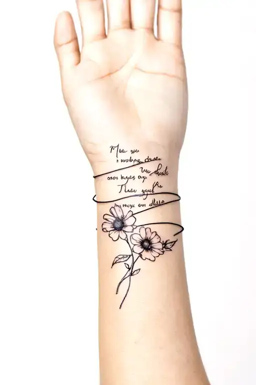 Flowers Wrapped Around Wrist With Two Quotes On It Wrapped As Well