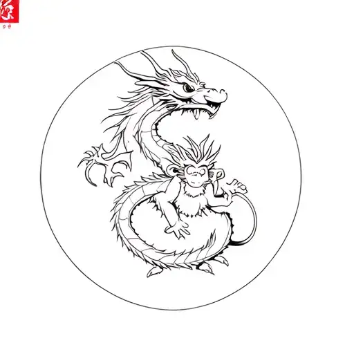Chinese Zodiac Dragon And Monkey In One Continuos Fine Line