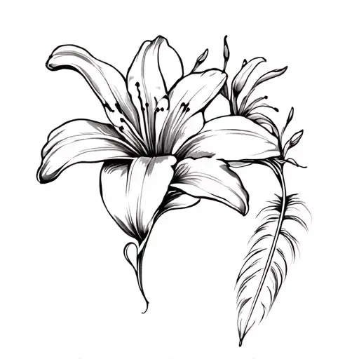 Lily Flowers Interwind With A Feather