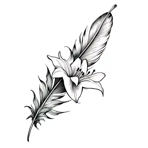 Lily Flowers Interwind With A Feather