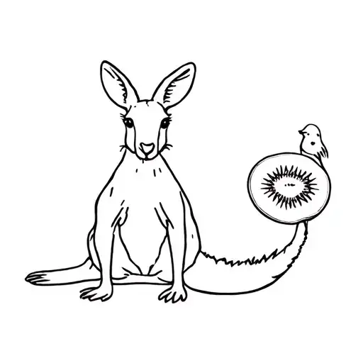 Fine Line Tattoo Black And White Of Kangaroo Sitting With A Kiwi Bird In Front