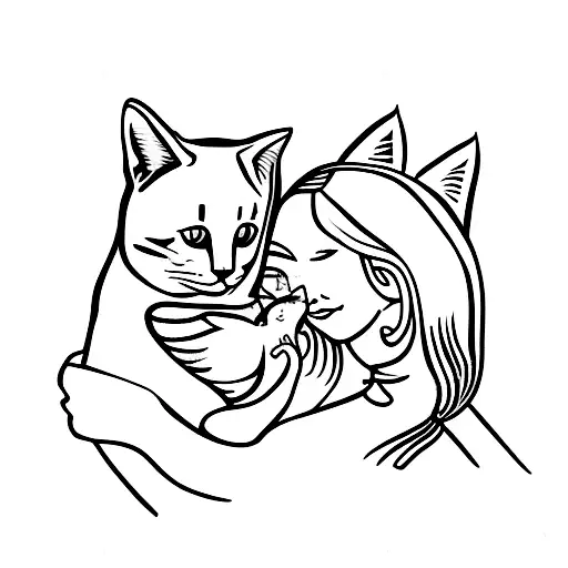Mother Holding A Daughter And A Cat