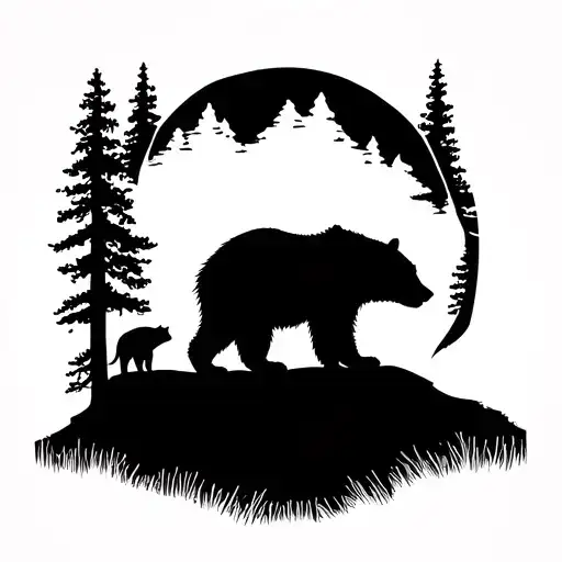 Bear And Cub Silhouetted On Ridge