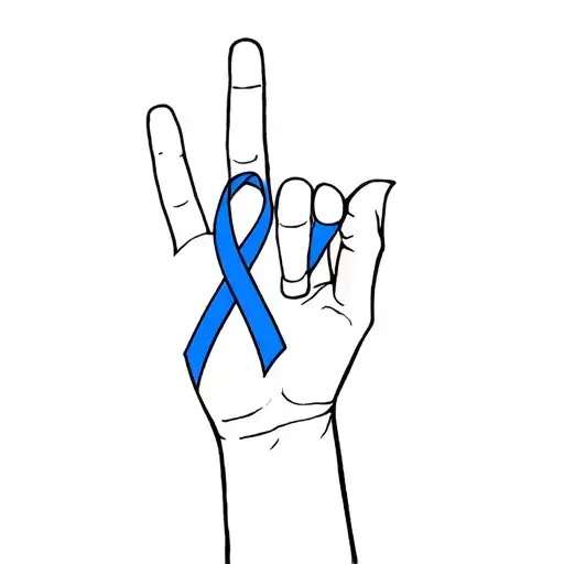 Hand Sign Of I Love You And Blue Cancer Ribbon Hanging Off Thumb