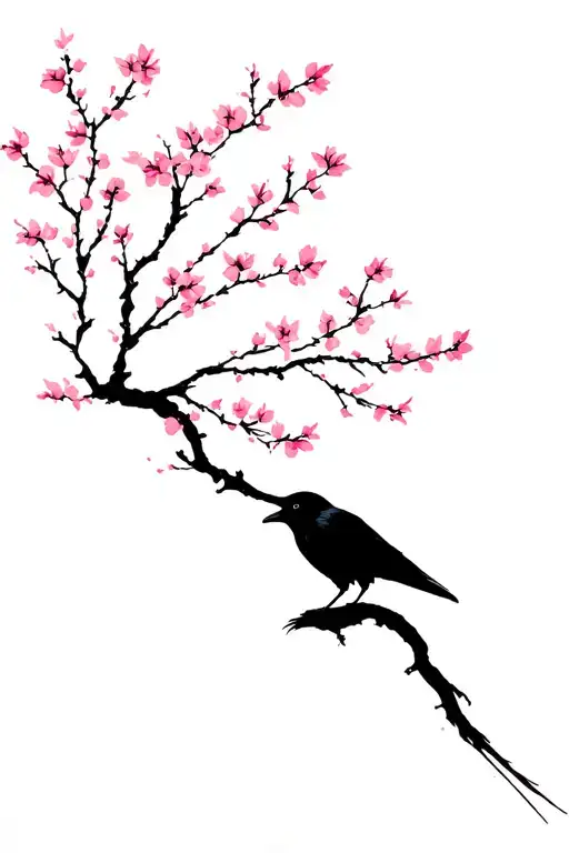 Raven And Cherry Blossom Tree