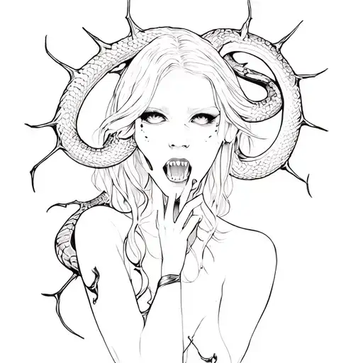 Goth Girl With Snake Intertwined With Mouth Open And Thorns