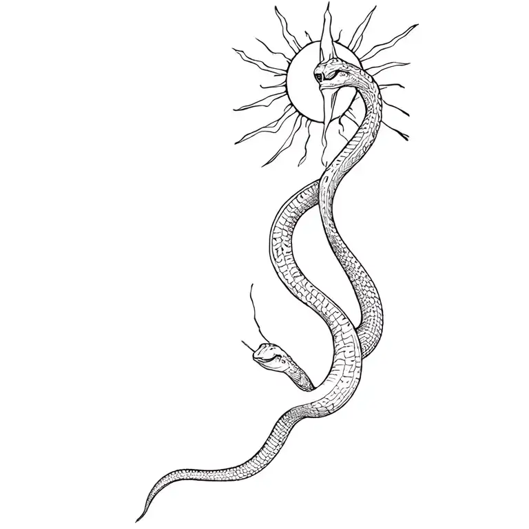 One Snake Slithering Up Spine Fineline Tattoo With Sun Lines Coming From Face And Other Symbols